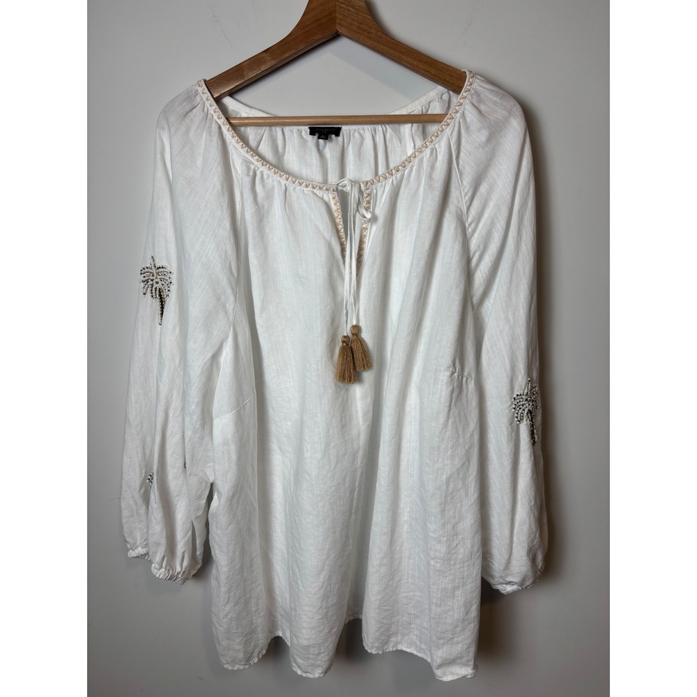 Talbots Plus Womens White Linen blend Beaded Palm Tree Tassel Peasant Top 3X